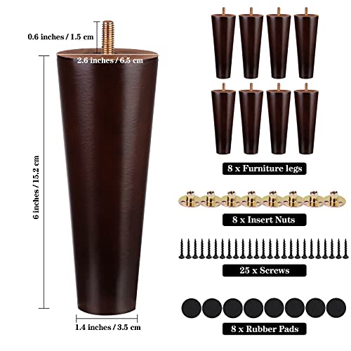 Ruisita 8 PCS 6'' Furniture Legs Wood Round Couch Legs Replacement, Brown - color: Brown, size: 6 Inches