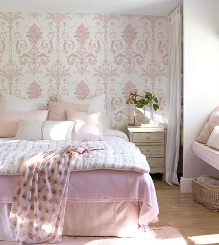 Damask Floral Peel and Stick Wallpaper Boho Pink and White Contact Paper - color: Pink, size: 17.3" x 118"
