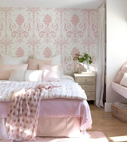 Damask Floral Peel and Stick Wallpaper Boho Pink and White Contact Paper - color: Pink, size: 17.3" x 118"