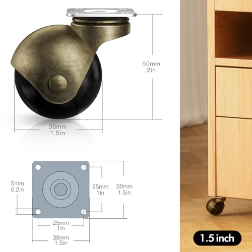 Furniture Wheels 4 Pack, 1.5 Inch Ball Caster Wheels, Brass Casters Set of 4, Plate Swivel Small Castors for Furniture, Kitchen, Cabinet, Table, Max Load Capacity 200 LBS(with Screws) - style: 1.5 Inch