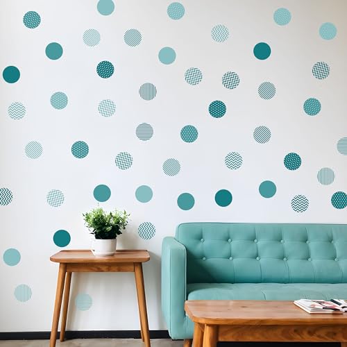 Boho Polka Dot Wall Sticker, 48 Removable and Repositionable Pattern Decals - Premium Fabric Material, Polka Dots, Stripes, Chevrons and Solid in 3 Shades of a Color (Teal) - color: Teal