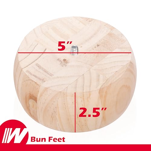 WADDELL Couch Feet (4 Count, Pine Bun Foot) | 2¼" Quick Mount Wood Sofa Legs for DIY Home Projects with 5/16" #18 Hanger Bolt | Unfinished Furniture Feet for Accent Armchair, Ottoman Bench, Foot Stool - color: Pine Bun Foot