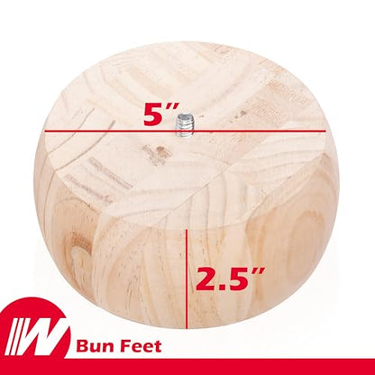 WADDELL Couch Feet (4 Count, Pine Bun Foot) | 2¼" Quick Mount Wood Sofa Legs for DIY Home Projects with 5/16" #18 Hanger Bolt | Unfinished Furniture Feet for Accent Armchair, Ottoman Bench, Foot Stool - color: Pine Bun Foot