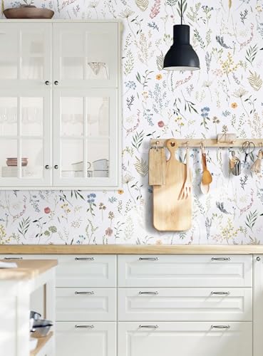 Dimoon 78.7"x16.1" Floral Peel and Stick Wallpaper White Contact Paper Thicken Wallpaper Delicate Flower Waterproof Green Leaf White Self Adhesive Removable Wall Paper Shelf Liner Decal Vinyl Roll - color: White-Smooth, size: 16.1" x 78.7"