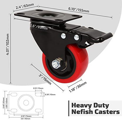 Nefish Casters Wheels Set of 4, 3 Inch Heavy Duty Caster with Brake 1200 Lbs, Safety Dual Locking Plate Castors, Top Swivel Wheels, No Noise Polyurethane for Furniture, Dollies, Trolleys - size: 3 IN