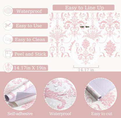 Damask Floral Peel and Stick Wallpaper Boho Pink and White Contact Paper - color: Pink, size: 17.3" x 118"