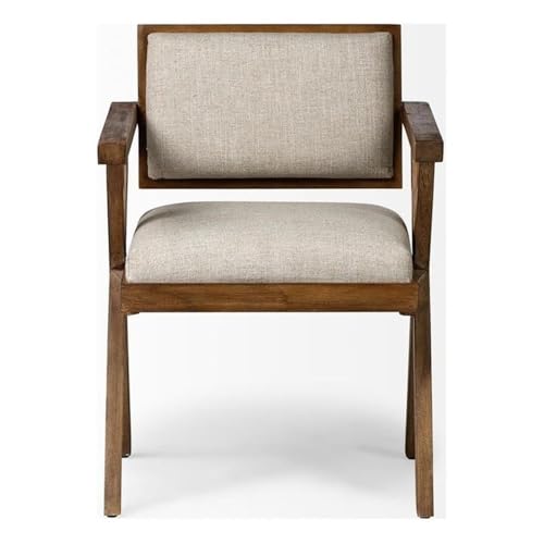 Pemberly Row Dining Chair, Cream Fabric Upholstery, Medium Brown Mango Wood Frame, Open-Back Design, Pre-Assembled, Sturdy Comfortable Chair for Kitchen or Dining Room Use