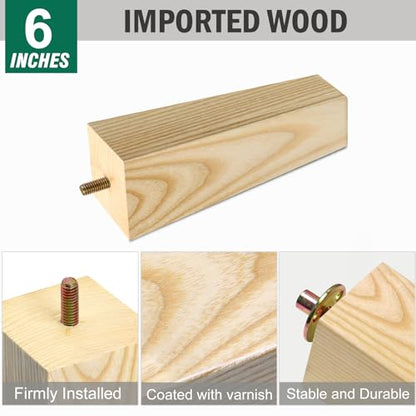 FoDau770 Square Furniture Legs 6 Inch, Ash Wood Legs with 5/16"-18 Bolts - size: 6 Inch