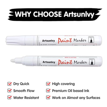 Artsunlvy White Paint Pens marking pens Permanent Markers - 2 Pack Oil Based Waterproof Markers for Tire, Rubber,Wood, Rocks, Metal, Canvas,Plastic, Dark Surface,Craft office Supplies,Medium Point - color: White