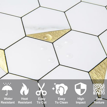 DICOFUN 10-Sheet Hexagon Tile Peel and Stick Backsplash, White Marble Look PVC Mixed Golden Metal Mosaic Tiles for Kitchen and Bathroom - color: Marble White + Gold Metal Chip, size: 10 Sheets, 12''x12''x0.12''