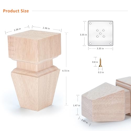 CRAPAPFERT Furniture Legs 5 Inch Set of 4 Wooden Unfinished Square Feet - size: 5inch (with mounting parts)