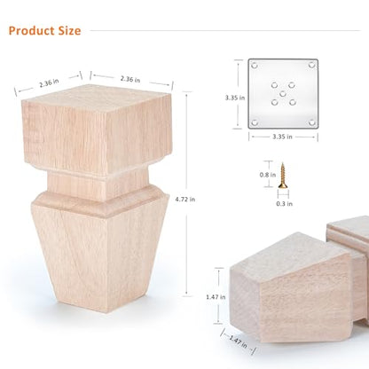 CRAPAPFERT Furniture Legs 5 Inch Set of 4 Wooden Unfinished Square Feet - size: 5inch (with mounting parts)