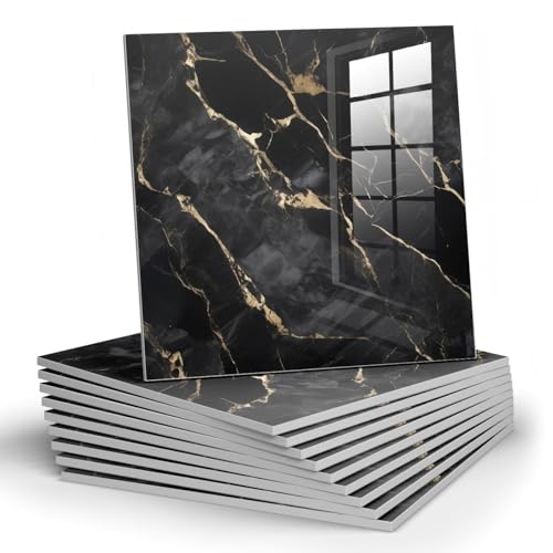 Chejiaye 10pcs Marble Peel and Stick Backsplash Waterproof Washroom Wall Panels, Peel and Stick Tile, PVC Foam Wall Panels for Kitchen,Bathroom,Living Room,Black Gold(Not Real Tile,11.8" x 11.8") - color: Black Gold, size: 11.8" x 11.8" x 10Pack
