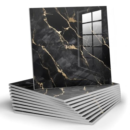Chejiaye 10pcs Marble Peel and Stick Backsplash Waterproof Washroom Wall Panels, Peel and Stick Tile, PVC Foam Wall Panels for Kitchen,Bathroom,Living Room,Black Gold(Not Real Tile,11.8" x 11.8") - color: Black Gold, size: 11.8" x 11.8" x 10Pack