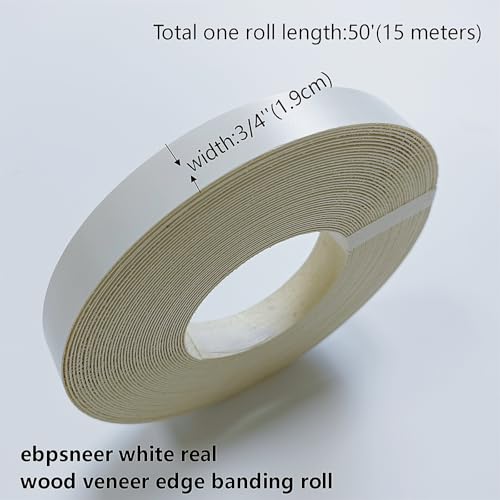 White Edge Banding Not Melamine PVC Edging Band,3/4 inch x50ft Pre-glued Real Wood Veneer Iron on Tape,Backed with Hot Melt Adhesive Flexible Strip Apply for Furniture Cabinet Restoration