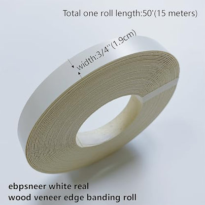 White Edge Banding Not Melamine PVC Edging Band,3/4 inch x50ft Pre-glued Real Wood Veneer Iron on Tape,Backed with Hot Melt Adhesive Flexible Strip Apply for Furniture Cabinet Restoration