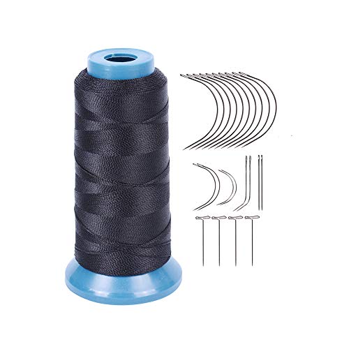 Hair Weaving Thread with C/J/I/T Needles 1200 Yards 250 D Strength Polyester Thread Sewing Thread for Making Wigs Hair Extension Kit (Black) - color: Black
