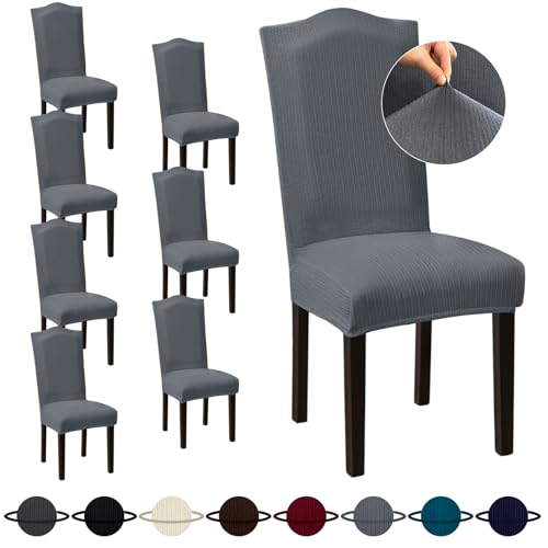 Sufdari Dining Room Chair Covers Set of 8, Gray Chair Covers for Dining Chairs, Non-Slip Spandex Kitchen Parsons Chair Covers, Stretch Dining Chair Slipcovers for Dining Room, Hotel (Large) - color: .Gray, size: L-8 PC