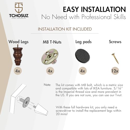 5 inch Solid Wood Furniture Bun Legs, with M8 Bolts 4PCS Glaze