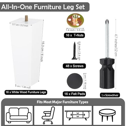 TURSTIN 16 PCS 6 Inch Wood Furniture Legs, Couch Legs Replacement, White - color: White, size: 6 Inch