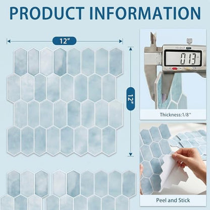 Arttown Peel and Stick 3D Wall Backsplash 10-Sheet, 12" × 12" Hexagon Blue - color: Blue Hexagon, size: 10PC 12"x12"