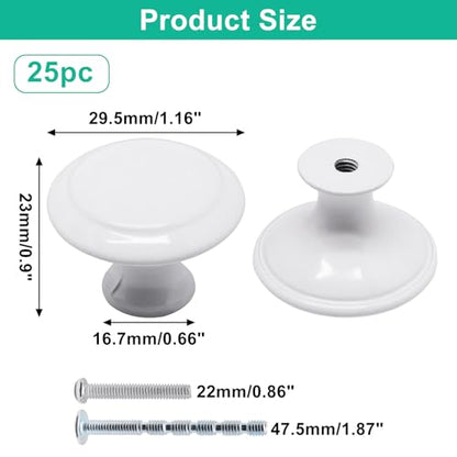 White Cabinet Knobs 25 Pack, Round Dresser Drawer Knobs 1.16 inch Drawer Pulls for Kitchen, Dressers and Closets - color: White