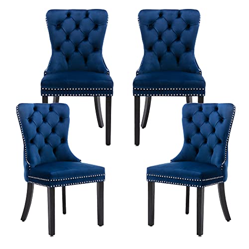 Blue Velvet Dining Chairs Set of 4, Elegant Tufted & Nailhead, Wood Legs - color: Blue, Wood Leg, size: set of 4