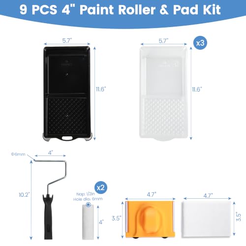Voomey 4 Inch Paint Roller Kit - Microfiber Covers with Paint Edger Set - style: 9 pcs 4 Inch Paint Roller Edger Kit
