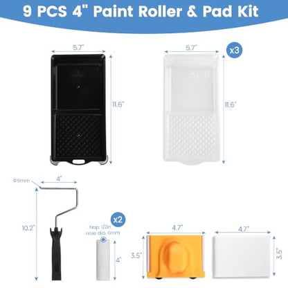 Voomey 4 Inch Paint Roller Kit - Microfiber Covers with Paint Edger Set - style: 9 pcs 4 Inch Paint Roller Edger Kit