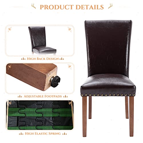 Parsons Dining Chairs Set of 6, Upholstered Nailhead PU Leather Dining Room Kitchen Side Chair with Thick Cushions and Wood Legs, Dark Brown - color: Dark Brown, size: set of 6