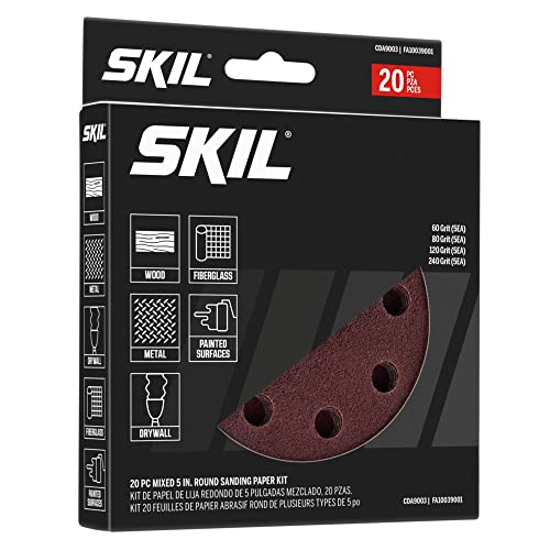 SKIL 20-Piece Mixed 5 in. 60/80/120/240 Grits Round Sanding Paper Kit for SKIL Sanders SR211601/SR6604B-10/SR660302 - CDA9003 - style: Orbital Sanding Paper (20pc)