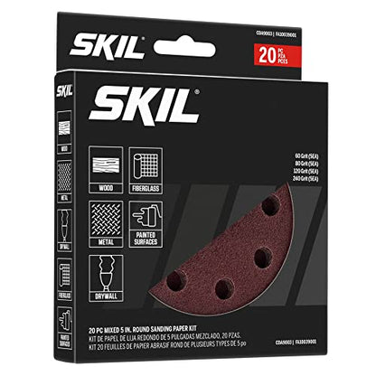 SKIL 20-Piece Mixed 5 in. 60/80/120/240 Grits Round Sanding Paper Kit for SKIL Sanders SR211601/SR6604B-10/SR660302 - CDA9003 - style: Orbital Sanding Paper (20pc)
