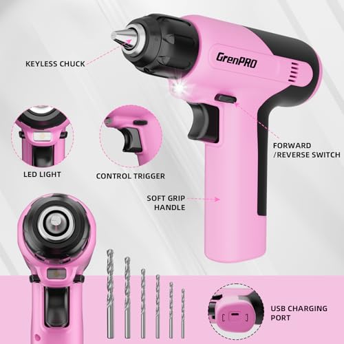 GRENPRO 188PCS Pink Cordless Drill Tool Set For Women Tool Kit For Home Box - style: Pink Power Drill Set 188PC