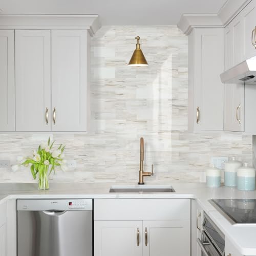 STICKGOO 10-Sheet Peel and Stick Backsplash on Subway Tile, Eurasia Biege - color: Polished Eurasia Pinkish-Biege Marble