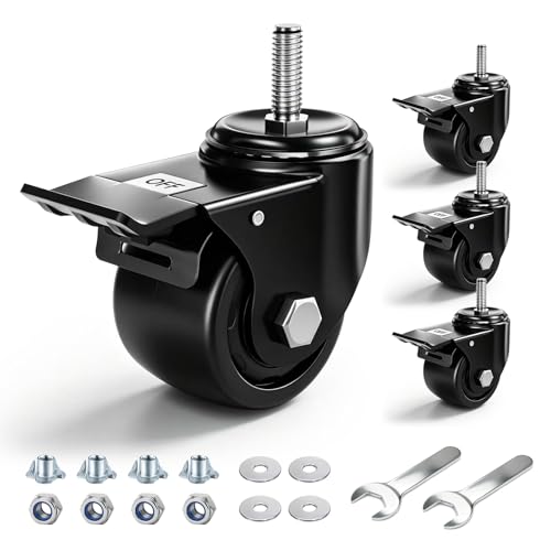 3 Inch Heavy Duty Casters Set of 4, Threaded Stem 3/8"-16x1 (Diameter 3/8", Length 1"), Locking Swivel Industrial Caster Wheels Load 4400lbs, Low Profile Castor for Furniture and Workbench - style: 3″ With brake