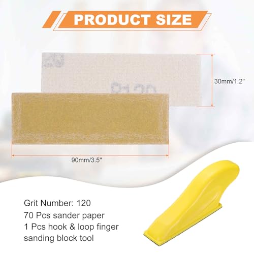 HARFINGTON 70 Pcs Detail Sander Paper 120 Grit 3.5" x 1.2" Micro Hand Sanding Papers Sheets Wet Dry Sandpapers with Sanding Block Tool for Wood Furniture Crafts Woodworking - style: 120 Grit