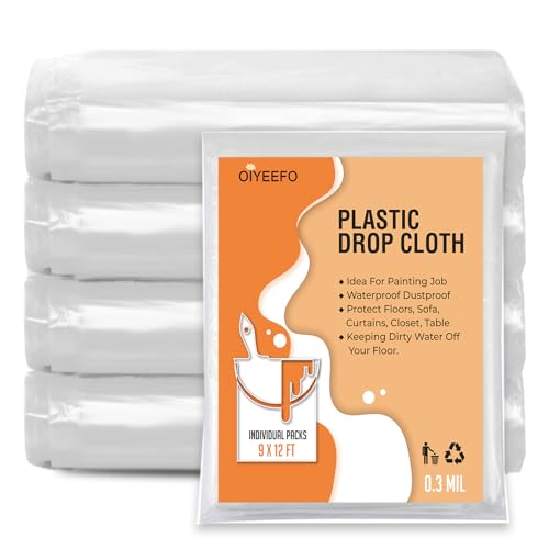 5 Pcs 9x12ft Plastic Drop Cloths for Painting, Plastic Tarp Waterproof Dustproof Multi-Purpose Furniture Cover Floor Wall Protection Film