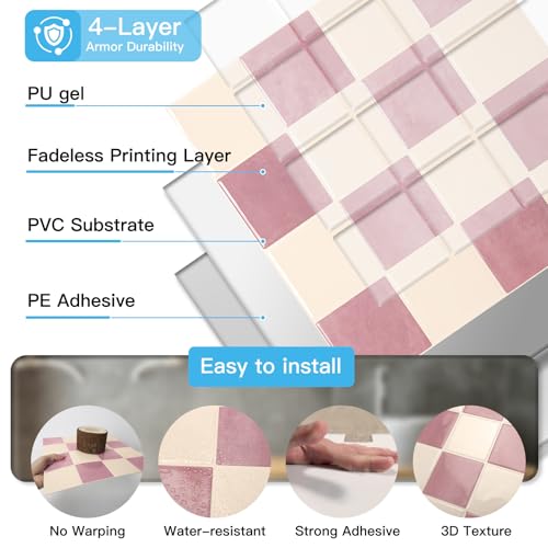 Art3d Grid Peel and Stick Backsplash, 10-Pack, 12" x 12", Pink & Warm White - color: Pink and Warm White