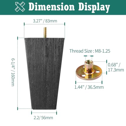 4pcs Plastic Square Legs 6-1/4" with Plate Nuts, M8-1.25 Thread - size: 6-1/4 Inch, M8-1.25 Metric Bolts