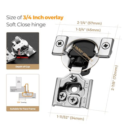 Soft Close Hinges for Kitchen Cabinet Hinges, 3/4 Inch Overlay, 60 Pack - size: 3/4 inch Overlay