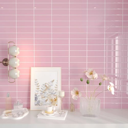 CHIHUT 6 Sheets Pink Glossy Peel and Stick Subway Backsplash Tiles 12"x12" - color: Solid Pink, size: 6 Tiles