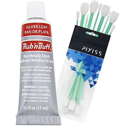 Rub n Buff Wax Metallic Silver Leaf, Rub and Buff Finish, 0.5-Fluid Ounce, Pixiss Blending and Application Tools for Applying Metallic Wax Paint - color: Silver Leaf