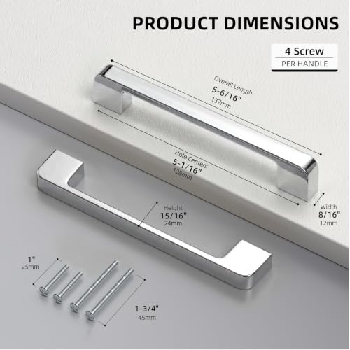 Polished Chrome Cabinet Pulls 4 Inch Polished Nickel Cabinet Pulls - color: Polished Chrome, size: 5 Inch (128 mm) Hole Centers