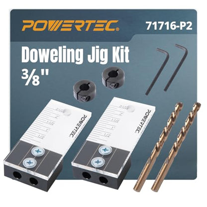 POWERTEC Dowel Jig Kit, Doweling Jig Kit 3/8", Dowel Jigs Woodworking, Laser Cut Witness Mark, with Depth Scale, Drill Guide Dowels, Cobalt M-35 Drill Bit & Split Ring Stop Collar 71716-P2 - style: 2PK 3/8" Doweling Jig Kit w/ Bit & Collar