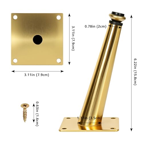 Heavy Duty Slant Metal Legs (4-Pack) 6 Inch Furniture Legs | Gold Tapered Mid-Century Modern Legs with Adjustable Feet | 1000lbs Load Capacity for Sofa, Cabinet, Coffee Table | DIY Home Essentials