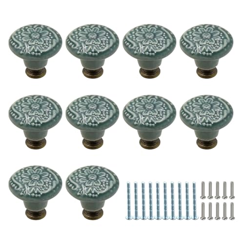 10 Pack Green Vintage Ceramic Flower Cabinet Knobs with Screws - color: Green