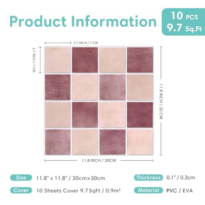 Commomy Matte 3D Peel and Stick Backsplash,10 Pcs 11.8"x11.8" Rose Pink - color: Dusty Rose