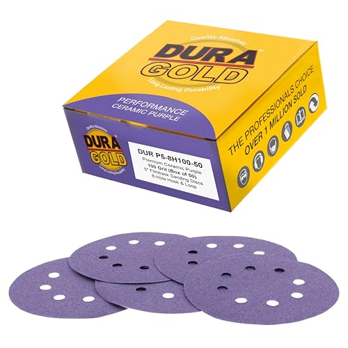 Dura-Gold 100 Grit 5" Purple Film Ceramic Sanding Discs, Box of 50, 8-Hole - style: 100 Grit