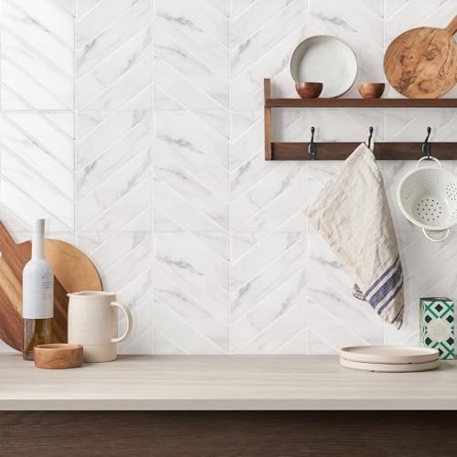STICKGOO Herringbone Peel and Stick Backsplash, White Marble, 10 Sheets - color: Glossy White Marble, size: Pack of 10