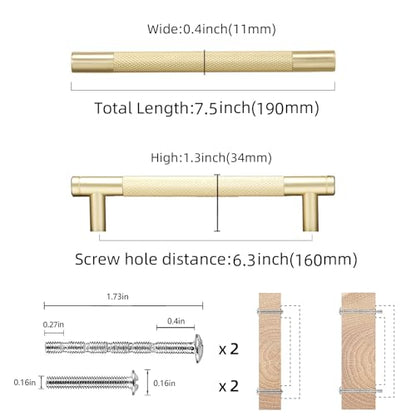 COTYKILEY 10 Pack 6-1/4 Inch(160mm) Brushed Brass Cabinet Handles Gold Knurled Kitchen Cabinet Pulls Cabinet Door Handles Kitchen Cabinet Hardware - color: Brushed Brass, size: 6-1/4" Hole Center（160MM）